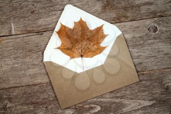Autumn leaf and open envelope on wooden background