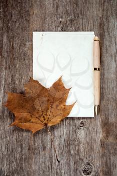 Rustic maple leaf and blank paper with a pen.