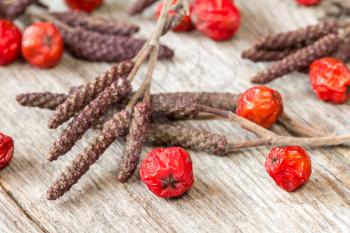Dry plants and ashberries on the wooden background 