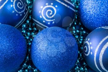 Close up of blue Christmas glass baubles