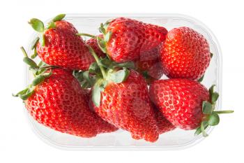 Box with strawberries isolated on white background. Top view.