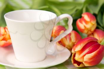 White coffee cup and bunch of spring tulips