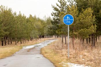 Road sign for bikes and pedestrians in pine forest