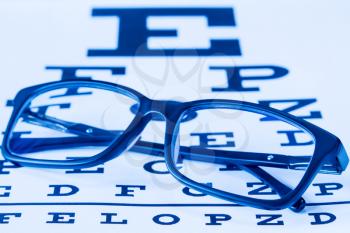 Glasses on a eye exam chart to test eyesight accuracy. Blue tone image.