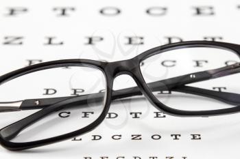 Clear black modern glasses on a eye sight test char