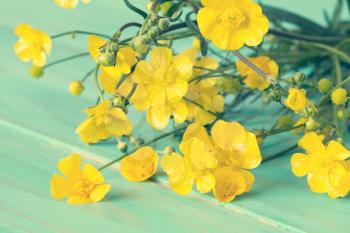 Yellow wildflowers on blue painted wooden background