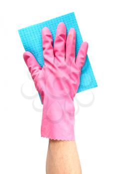 Hand cleaning with blue microfiber cloth on a white background