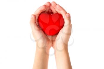Little girl holding heart in her hands,isolated on white background