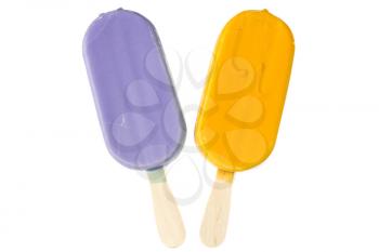 Purple and yellow fruity ice cream isolated on white background