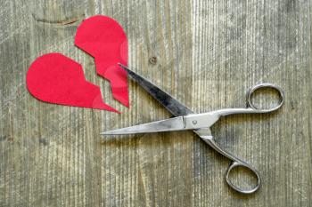 Broken red heart cuted by scissor. Divorce concept.