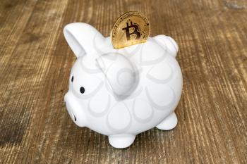 Saving Bitcoins in piggy bank, conceptual image for virtual currency.