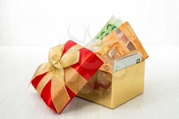Euro currency bills inside the gift box 