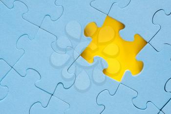 Blue jigsaw puzzle with missed piece. Problem solution concept. 