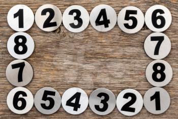 Metal numbers frame with old wood background. Copy space for text or advertisement