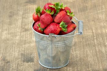 Small metal bucket with fresh picked strawberries