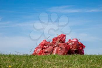 Spring cleaning, red plastic trash bags full of garbage
