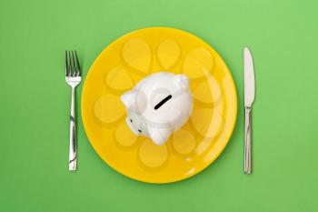  Savings consumer concept. Plate with piggy bank on green background