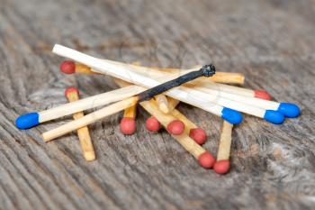 Pile of wooden matchsticks. Close-up view.