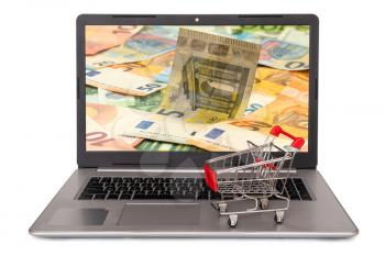 Open laptop with money and shopping cart, isolated on white
