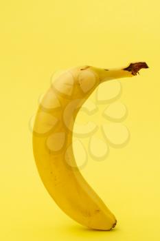 One banana standing on yellow background
