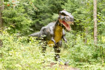 Statue of realistic Gorgosaurus dinosaur in a wild forest