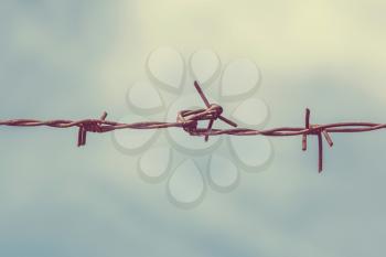 Barbed wire on fence with sky background to feel worrying.Filtered image.