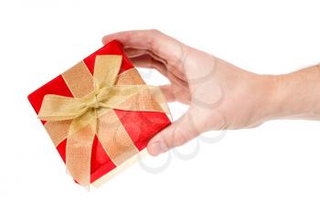 Hand giving a present.Isolated on white background