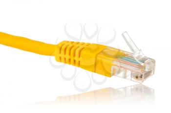 Closeup of yellow network ethernet cable on white background with space for text