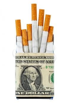 Package of cigarette wrapped with dollar banknote. Smoking is bad for your health, actually burning / wasting money . Isolated on white background.Rising cost of cigarettes.