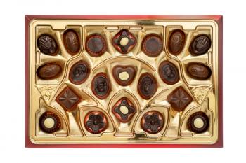 Box of delicious chocolate pralines,isolated on white background
