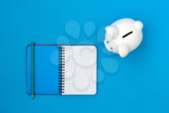 Piggy bank and blank notebook for your text