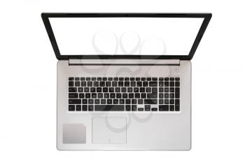 Laptop with empty screen isolated on white background. Top view.