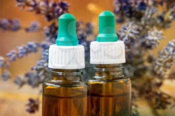 Bottles with aroma oil, close-up view