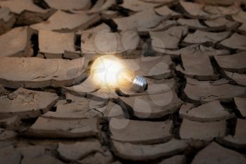 Glowing light bulb in thr dark desert. Light bulb on the dried cracked earth.