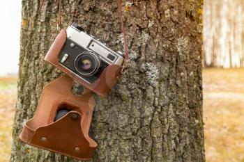 Old camera hanging on a tree. Concept for spending time outside