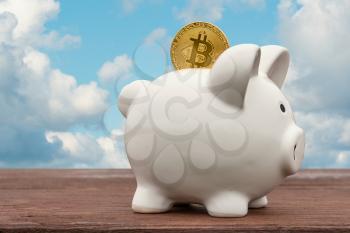 Saving Bitcoins in piggy coin bank, conceptual image for virtual currency