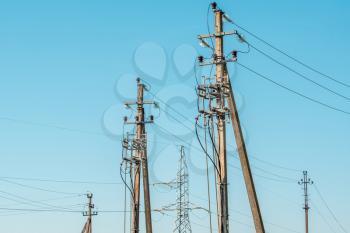 Many electrical poles and cables,high voltage cable