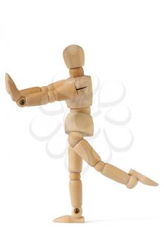 Wooden figure doing fitness exercises , isolated on white background