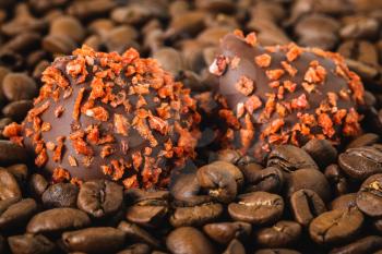 Coffee beans and handmade chocolate pralines, close-up view