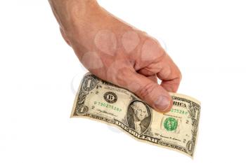 Male hand holding one dollar bill isolated on white background