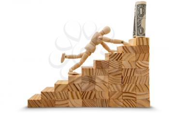 Dummy on wooden stairs going up and trying to reach dollar 