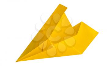 Airplane made of yellow paper. Paper aircraft isolated on a white background.