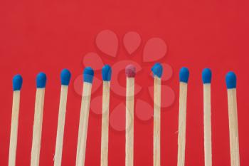 One red match stick standing out from the crowd of blue matches, leadership, difference concept