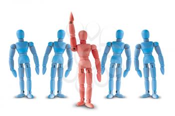 Business Leadership Concept : Red figure in group of blue wooden mannequins on white background. One in group of wooden man raising hand up.