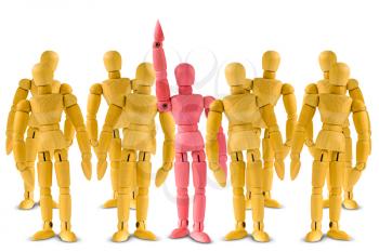 Business Leadership Concept : Red figure in group of yellow wooden mannequins on white background. One in group of wooden man raising hand up.