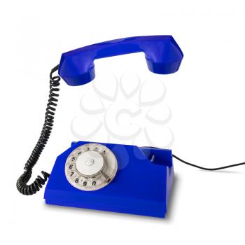 Blue retro phone with the receiver raised in the air