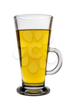 Glass with handle filled with yellow liquid, wine, beer, tea or lemonade. Isolated on white background.