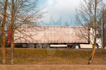 Truck with container on the road, cargo transportation concept.