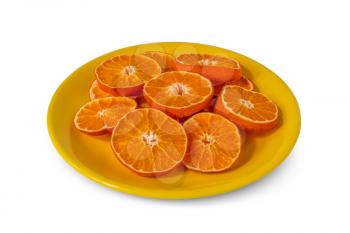 Yellow plate with dried orange slices. Isolated on white background.