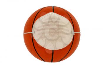 Basketball ball wearing face mask. Concept for Coronavirus COVID 19 pandemic and epidemic affecting basketball seasons game suspend. Isolated on white background.